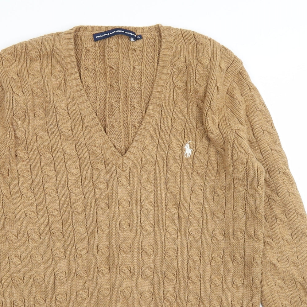 Ralph Lauren Sport Womens Brown V-Neck  Cotton Pullover Jumper Size XL
