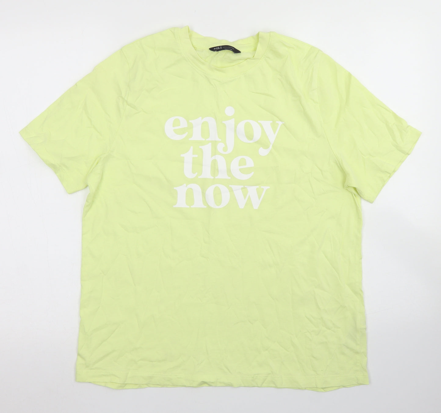 M&S Collection Womens Yellow  Cotton Basic T-Shirt Size 14 Crew Neck