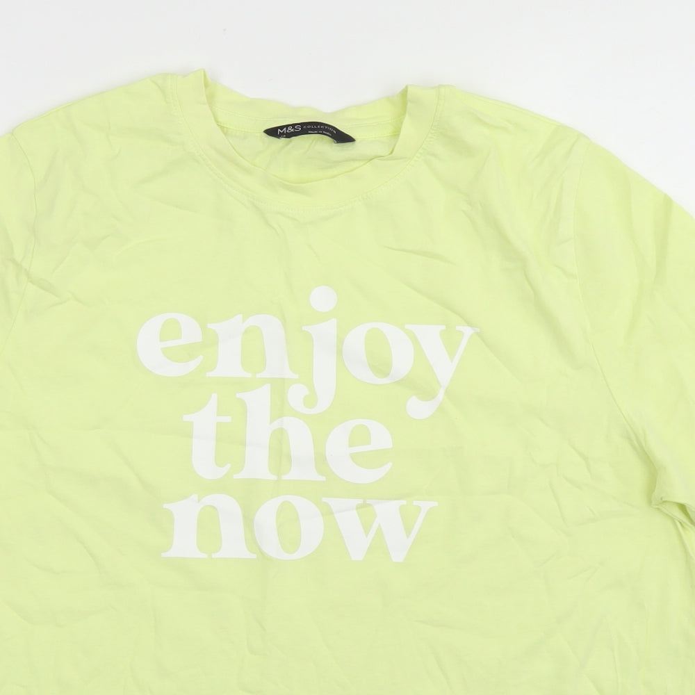 M&S Collection Womens Yellow  Cotton Basic T-Shirt Size 14 Crew Neck