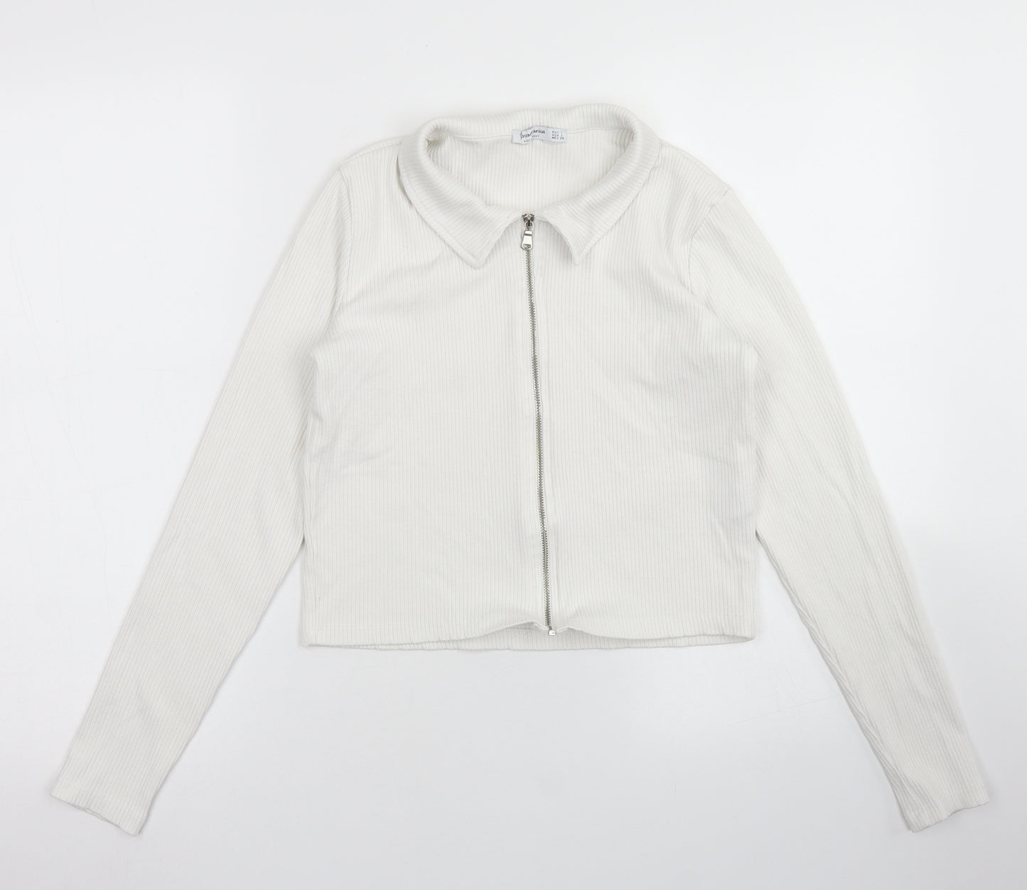 Stradivarius Womens White  Viscose Cropped T-Shirt Size L Collared