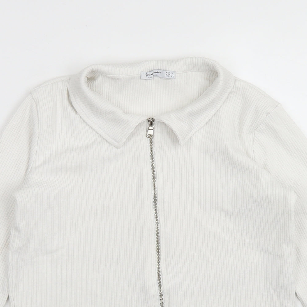 Stradivarius Womens White  Viscose Cropped T-Shirt Size L Collared