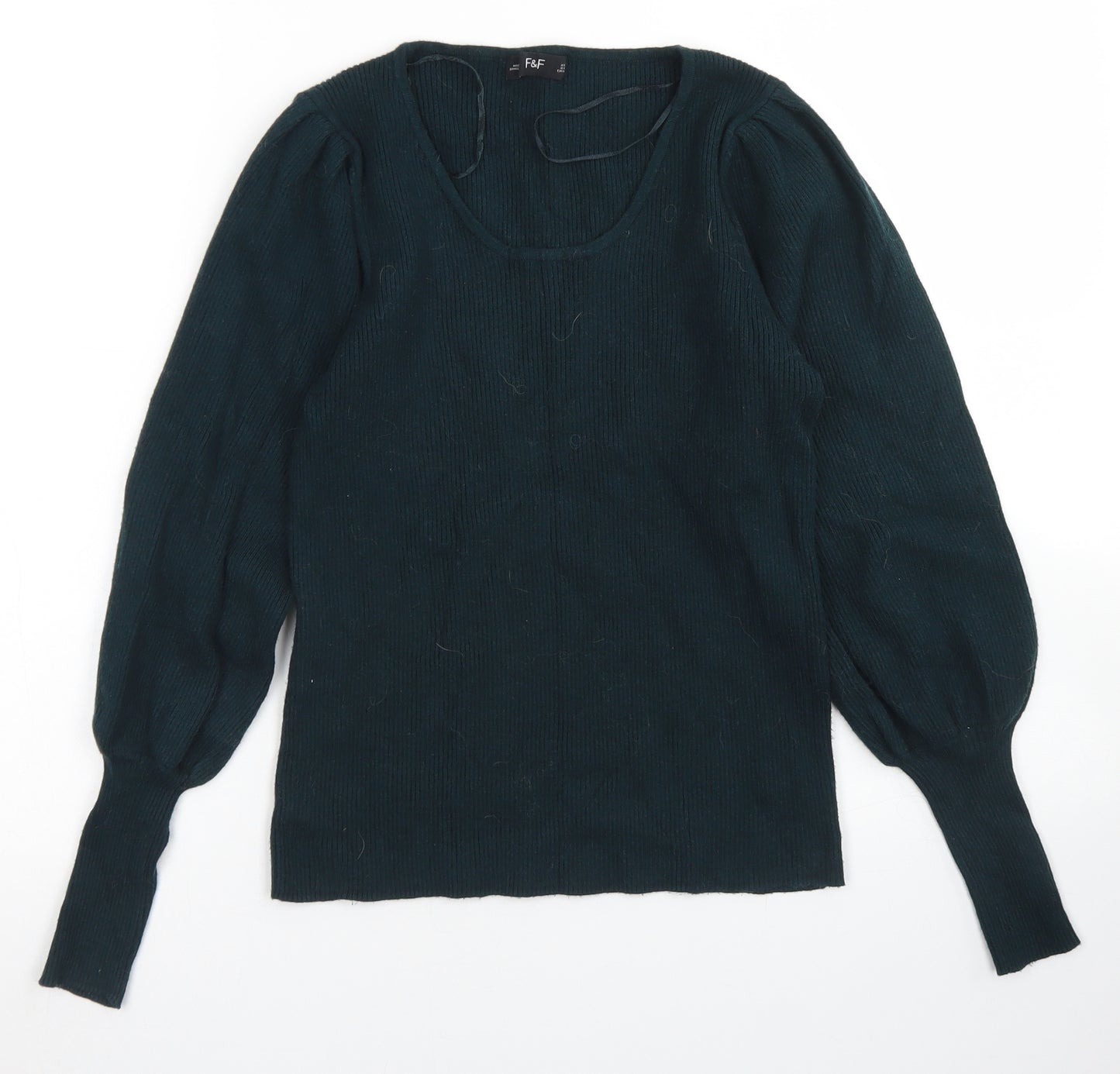 F&F Womens Green V-Neck  Viscose Pullover Jumper Size 12   - Puff Sleeve