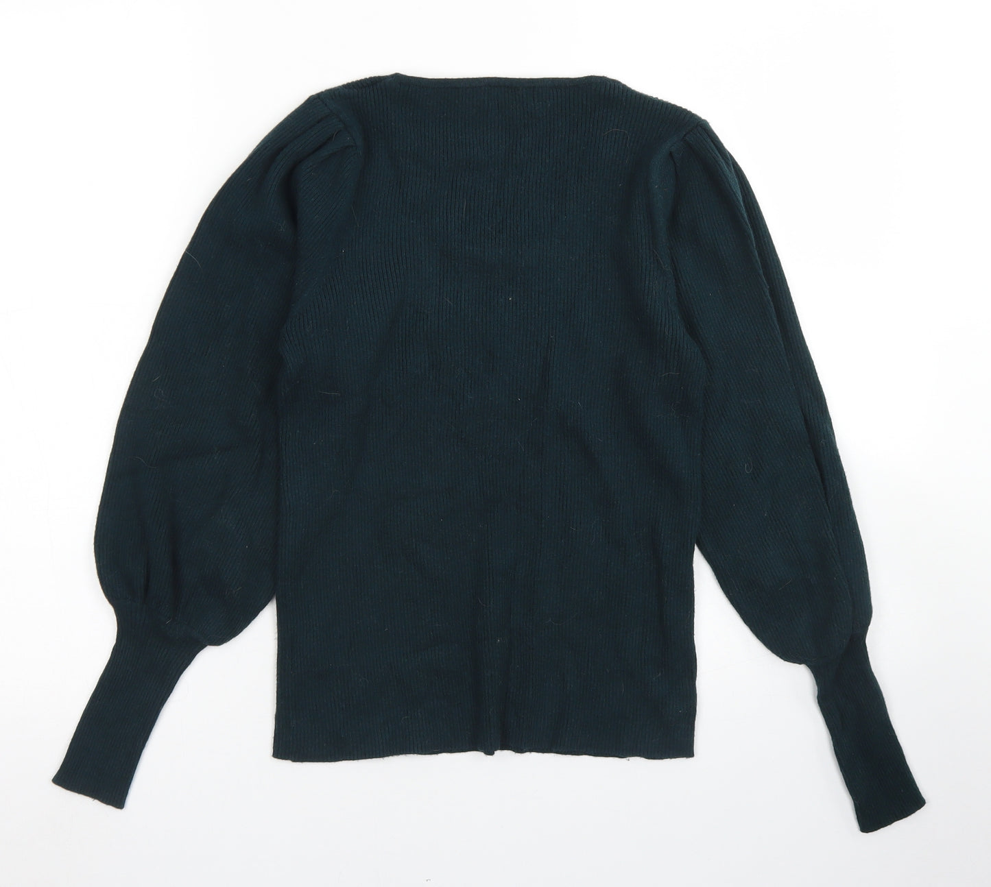 F&F Womens Green V-Neck  Viscose Pullover Jumper Size 12   - Puff Sleeve