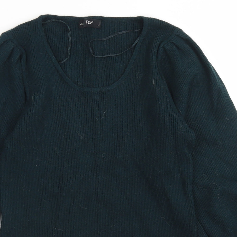 F&F Womens Green V-Neck  Viscose Pullover Jumper Size 12   - Puff Sleeve