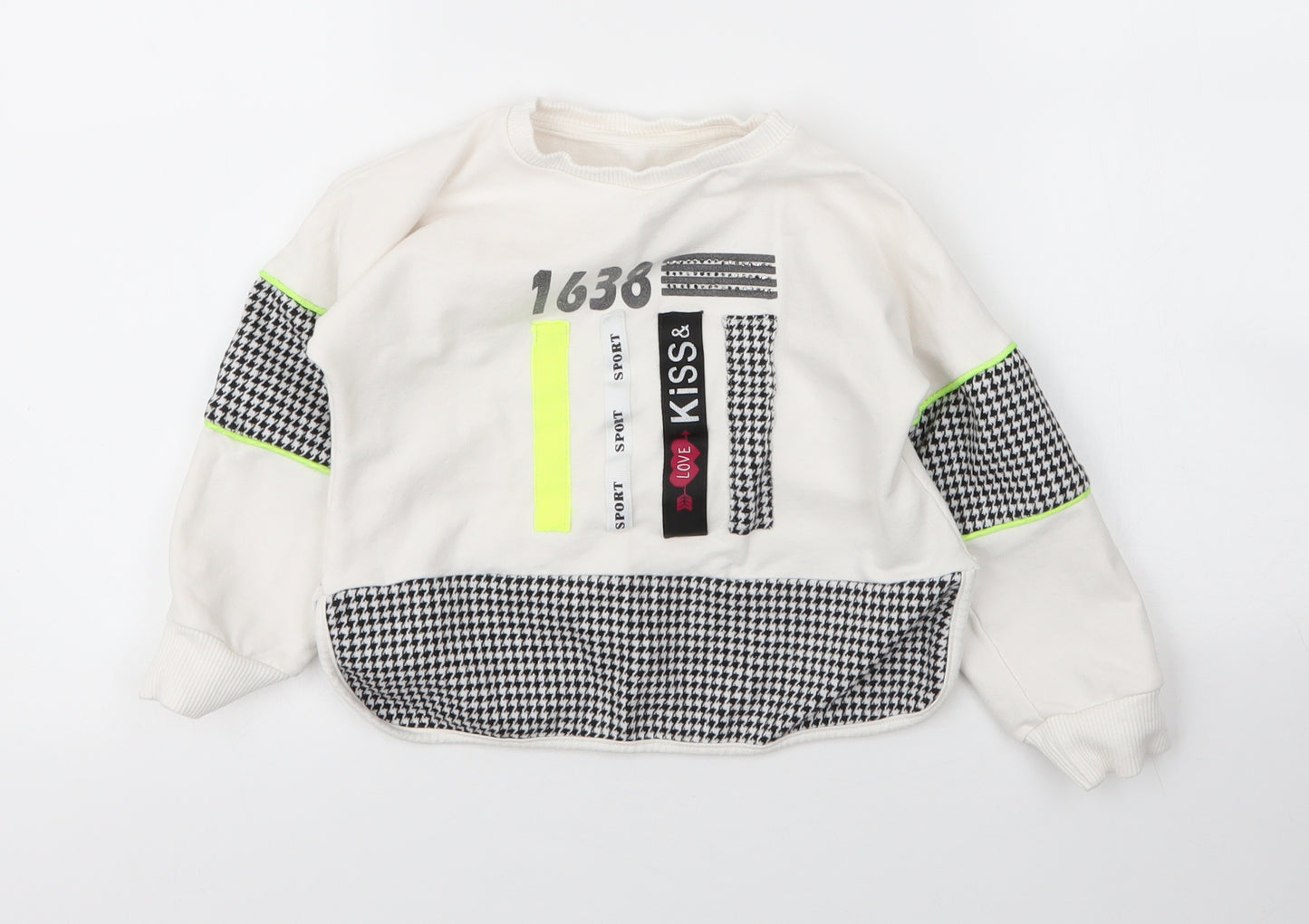 Flamingo Girls White Round Neck Houndstooth Cotton Pullover Jumper Size 6 Years