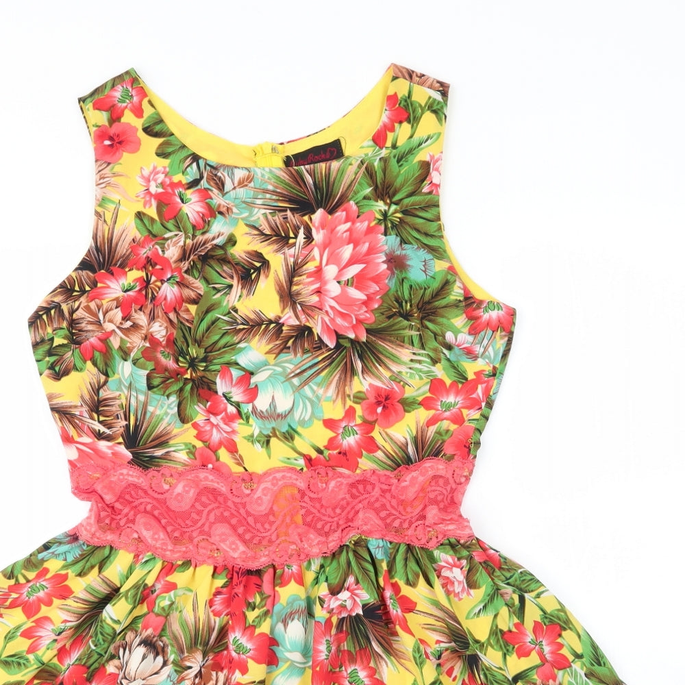 Ruby Rocks Womens Red Floral Polyester A-Line  Size 12  Round Neck Zip