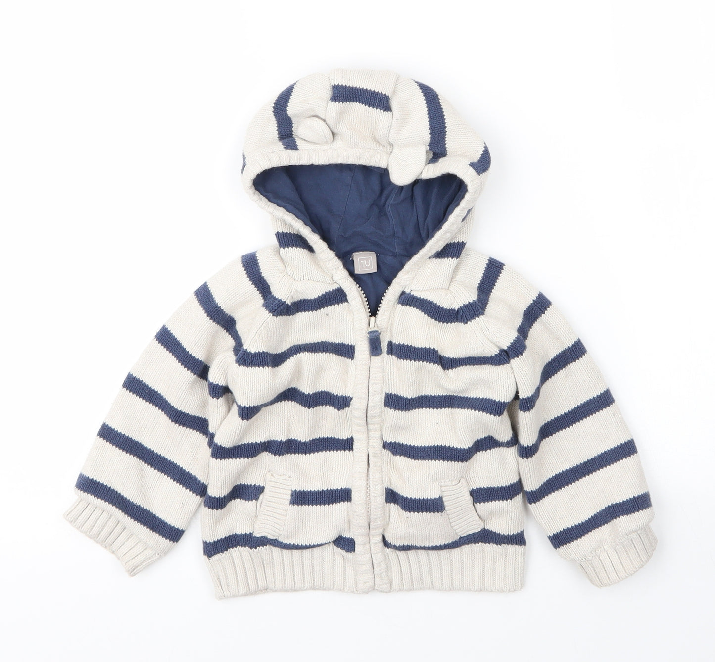 TU Boys Beige Striped Cotton Full Zip Jumper Size 12-18 Months  Zip