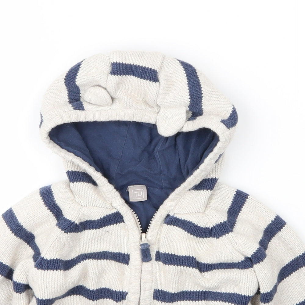 TU Boys Beige Striped Cotton Full Zip Jumper Size 12-18 Months  Zip