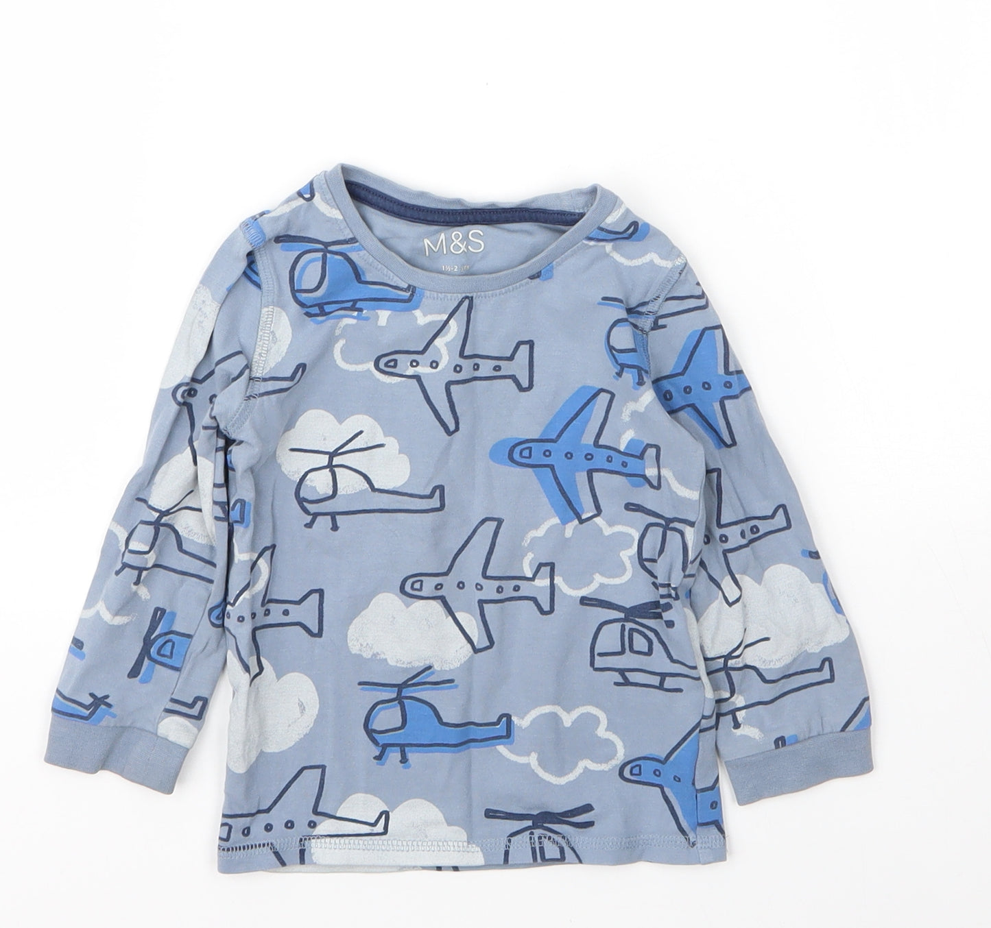 M&S Boys Blue  Cotton Basic T-Shirt Size 18-24 Months Round Neck Button