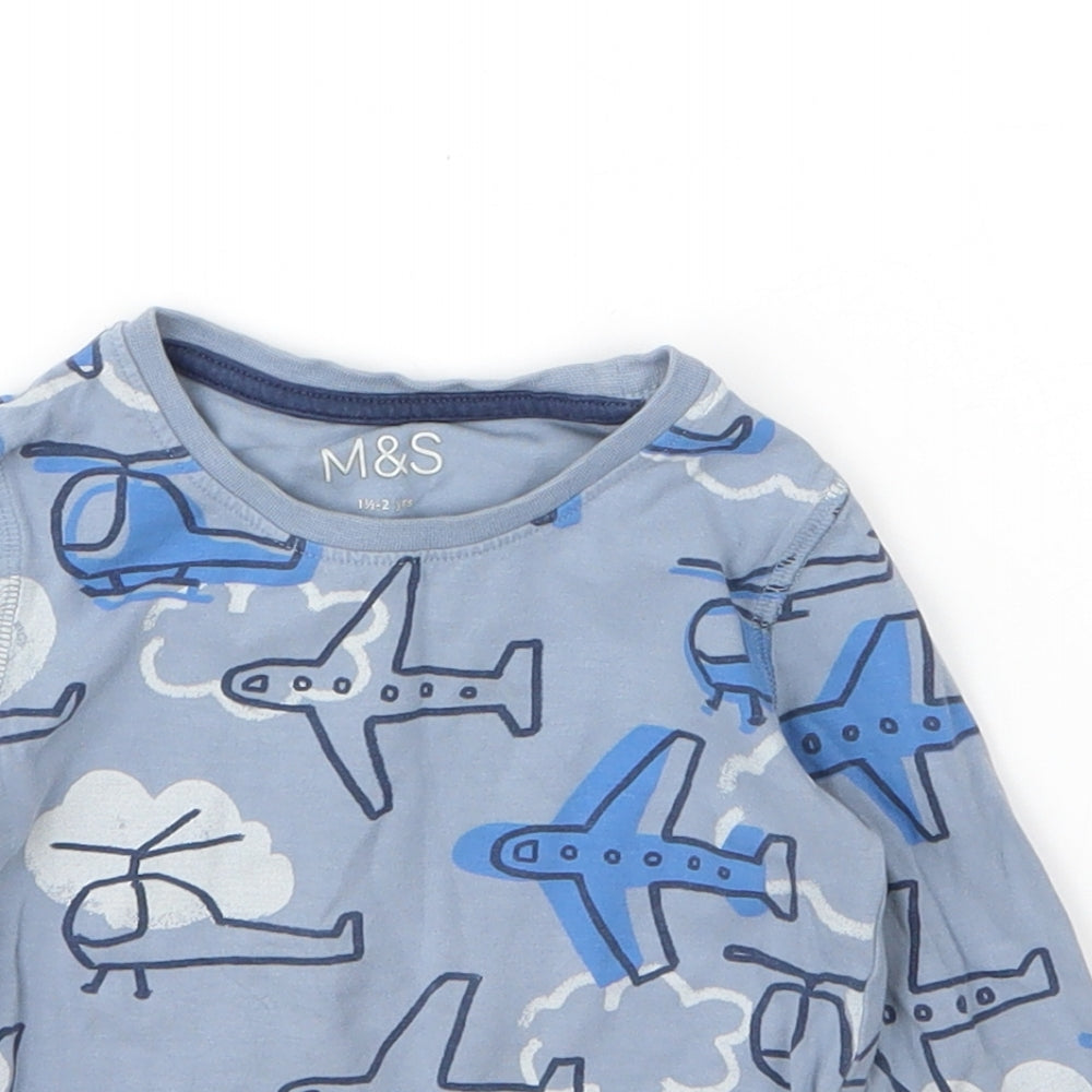 M&S Boys Blue  Cotton Basic T-Shirt Size 18-24 Months Round Neck Button