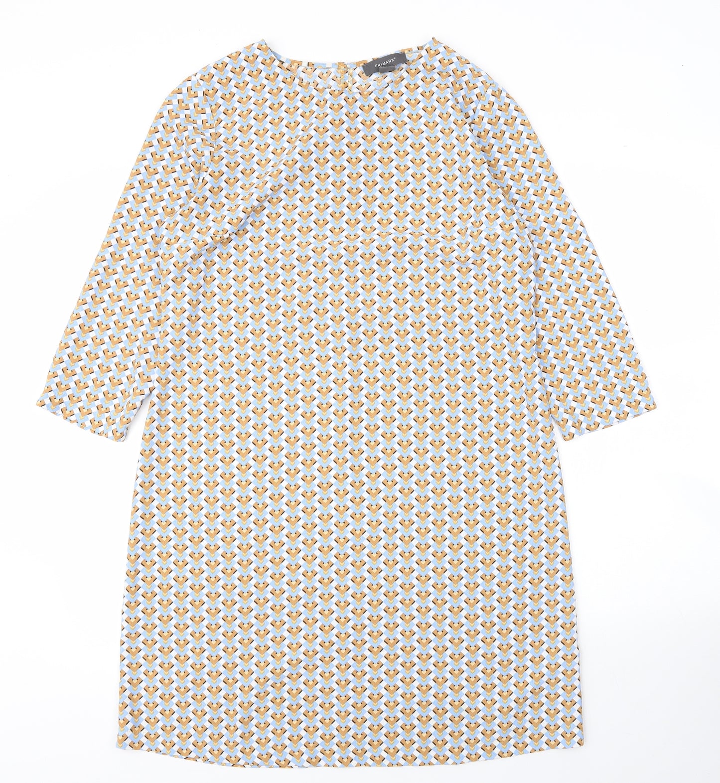 Primark Womens Yellow Geometric Polyester Shift  Size 12  Roll Neck Button