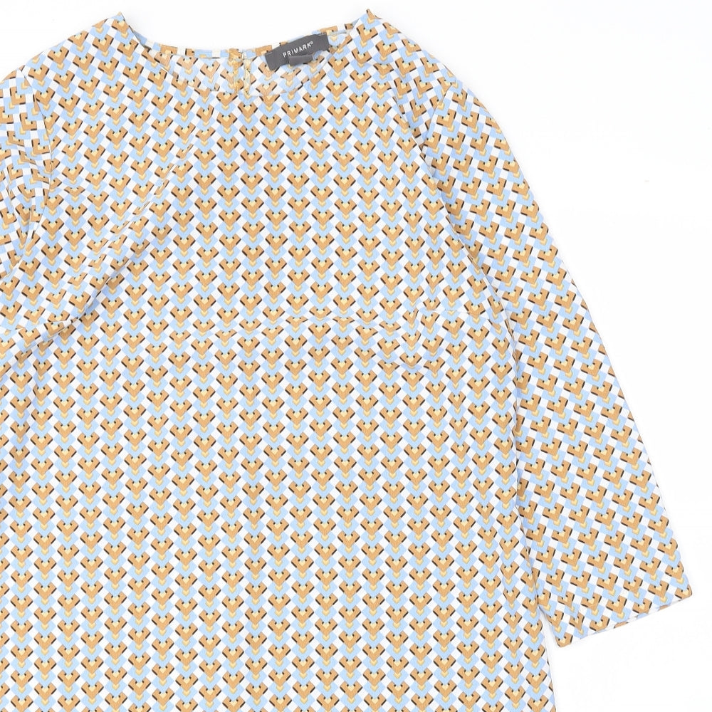 Primark Womens Yellow Geometric Polyester Shift  Size 12  Roll Neck Button