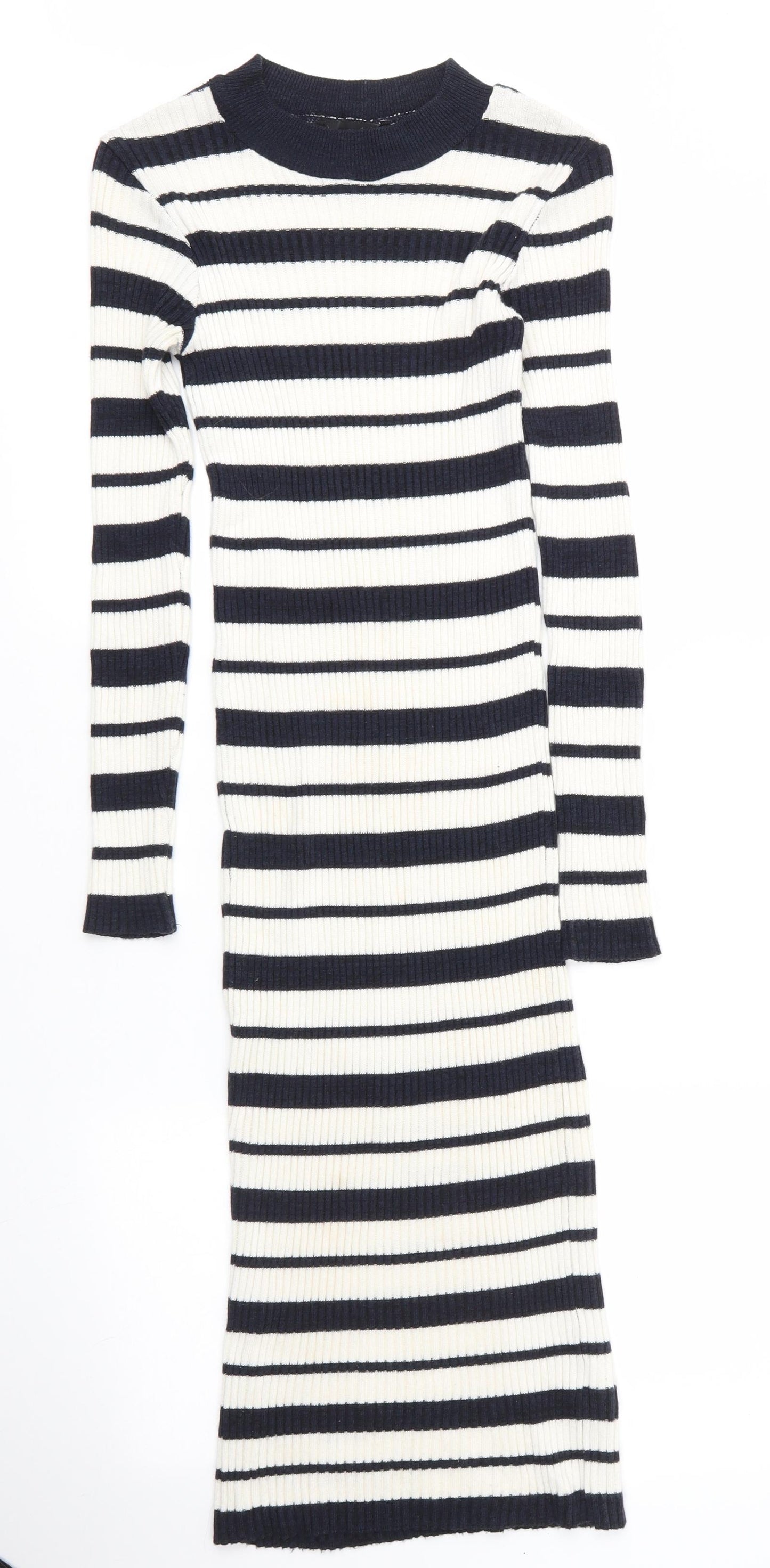 Primark Womens Blue Striped Acrylic Bodycon  Size 6  Mock Neck