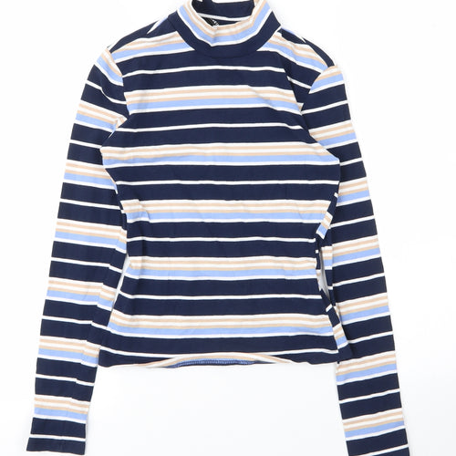 SheIn Womens Blue Striped Cotton Basic T-Shirt Size XS Mock Neck