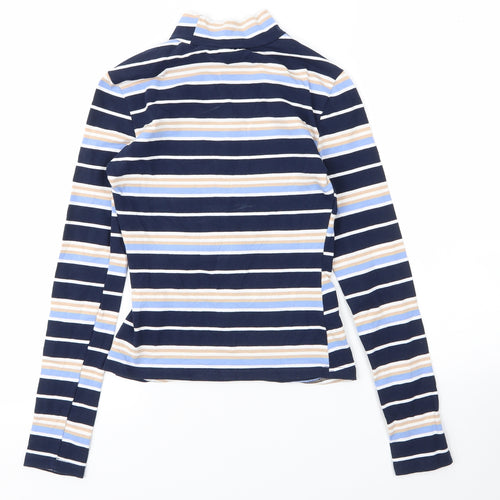 SheIn Womens Blue Striped Cotton Basic T-Shirt Size XS Mock Neck