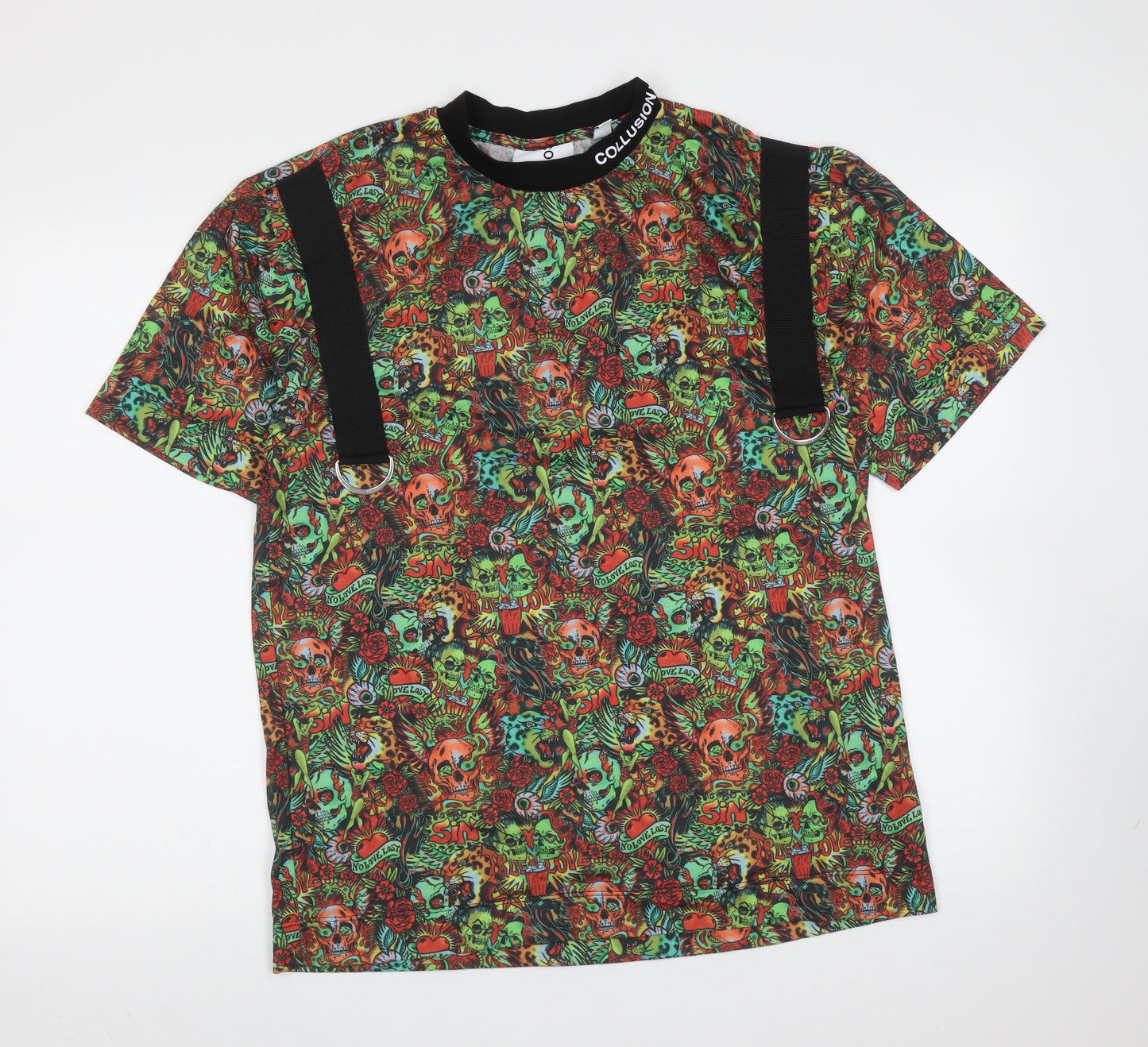 COLLUSION Mens Multicoloured  Polyester  T-Shirt Size M Round Neck  - skulls, flowers