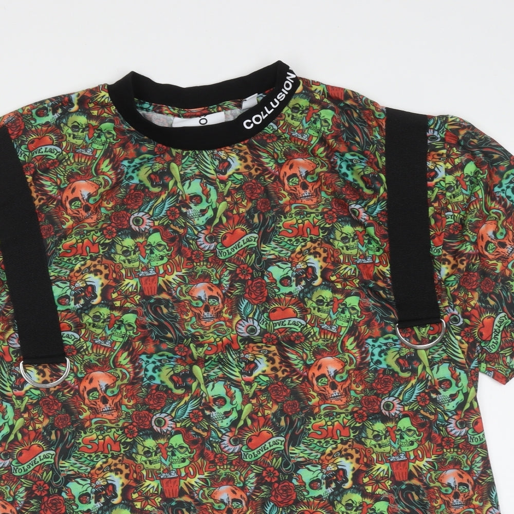 COLLUSION Mens Multicoloured  Polyester  T-Shirt Size M Round Neck  - skulls, flowers