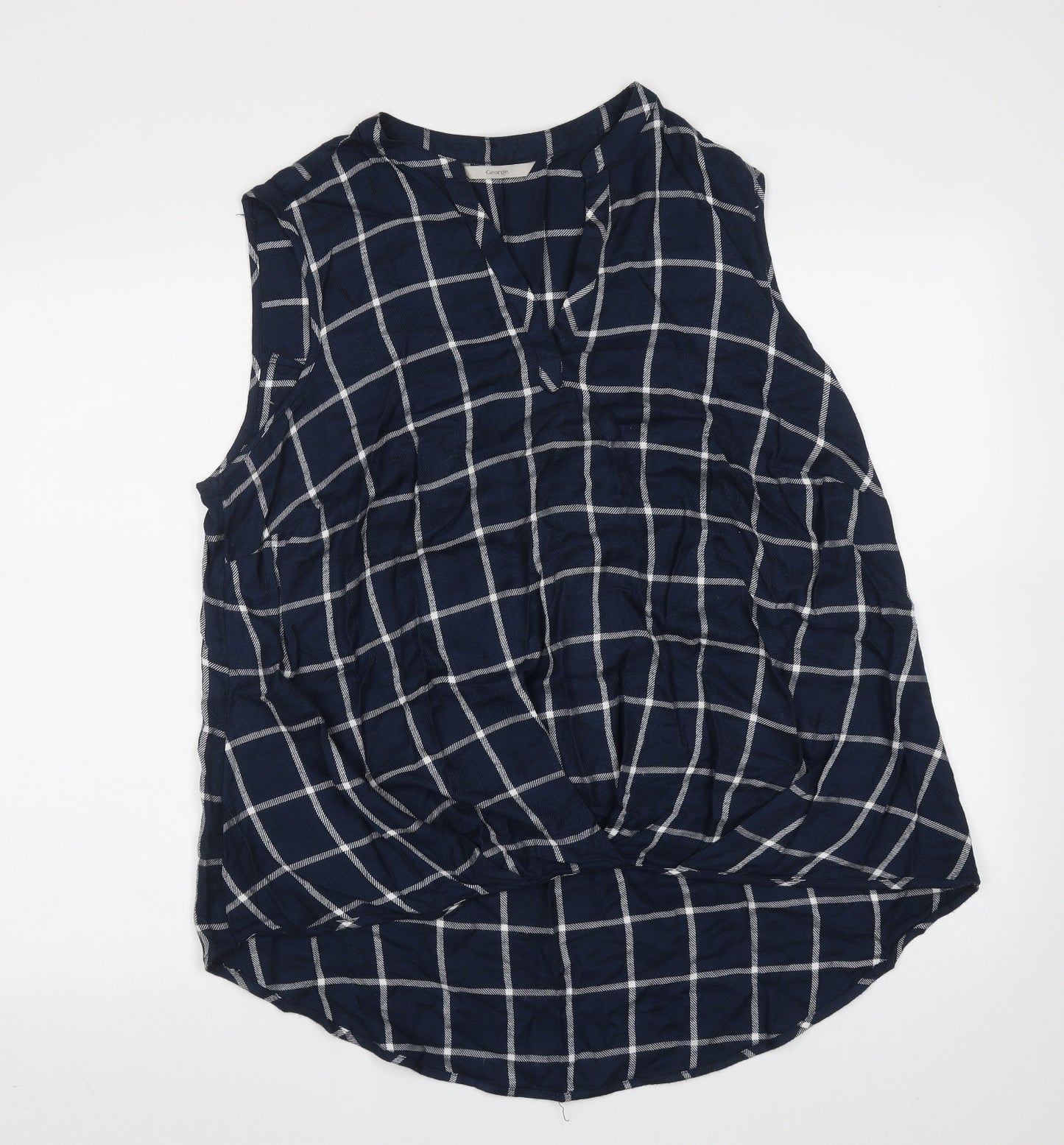 George Womens Blue Check Viscose Basic Blouse Size 18 V-Neck