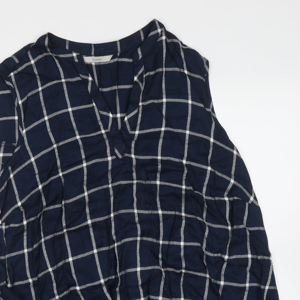 George Womens Blue Check Viscose Basic Blouse Size 18 V-Neck