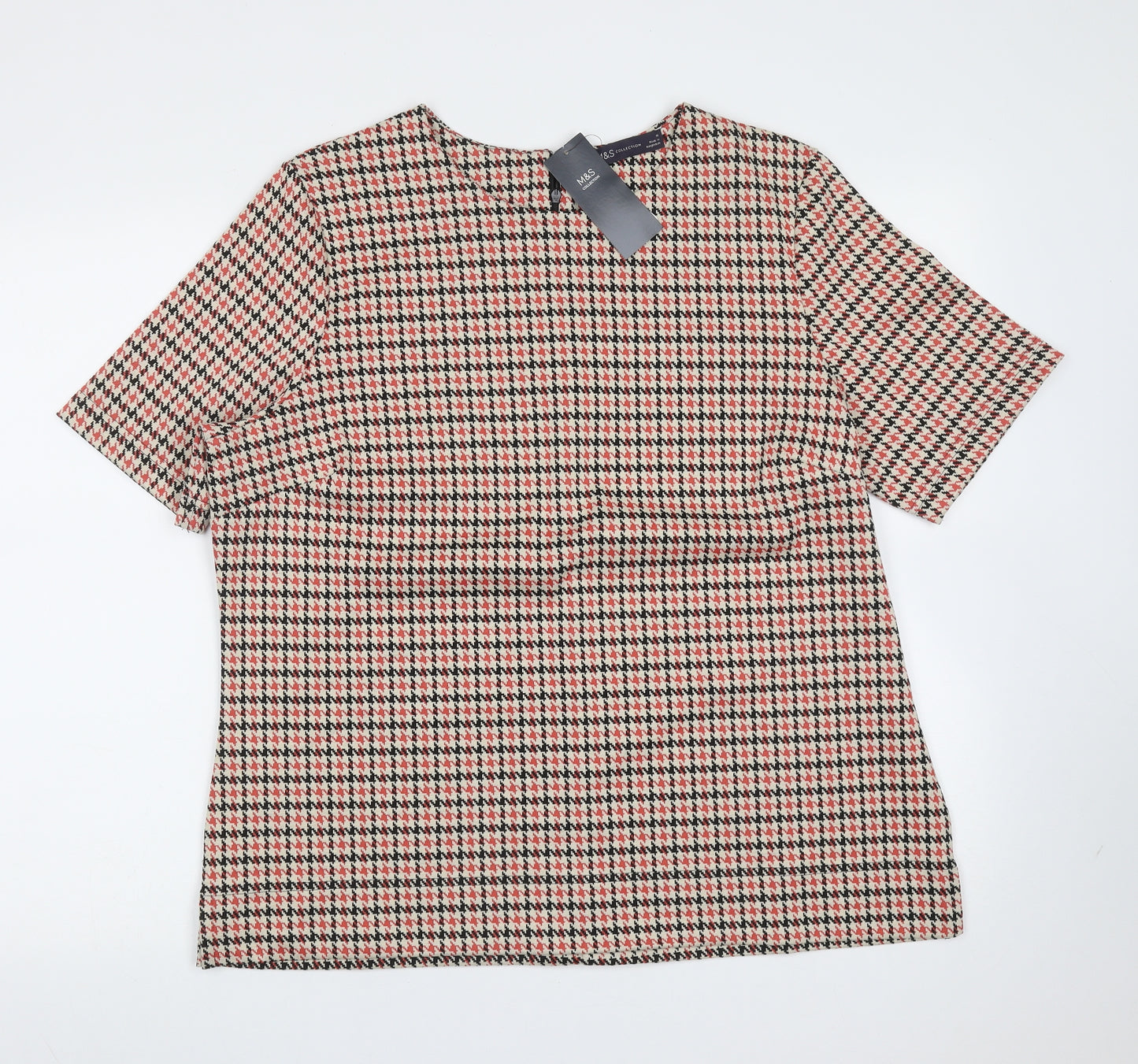 Marks and Spencer Womens Beige Houndstooth Polyester Basic T-Shirt Size 16 Round Neck