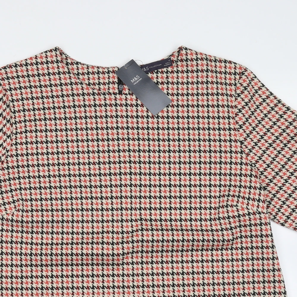 Marks and Spencer Womens Beige Houndstooth Polyester Basic T-Shirt Size 16 Round Neck