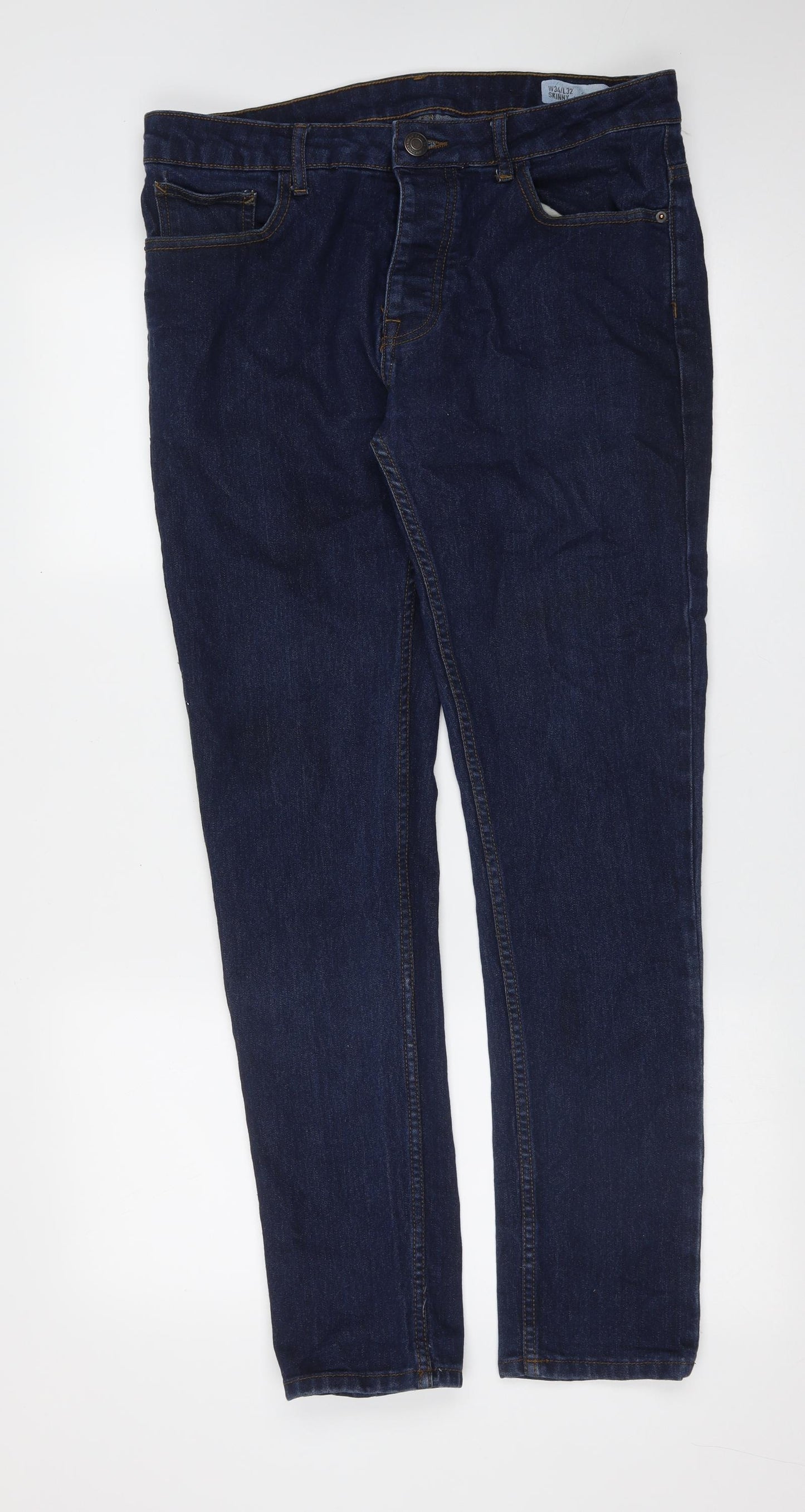 Primark Mens Blue  Cotton Skinny Jeans Size 34 in L32 in Extra-Slim Button