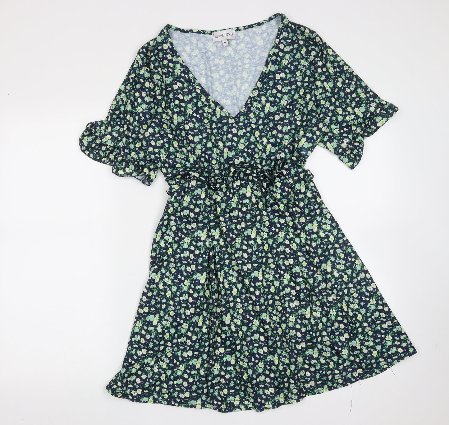 In the Style Womens Blue Floral Polyester Fit & Flare  Size 12  V-Neck