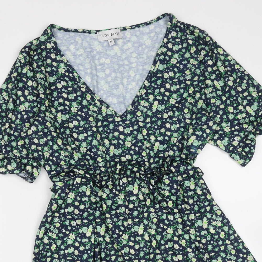 In the Style Womens Blue Floral Polyester Fit & Flare  Size 12  V-Neck