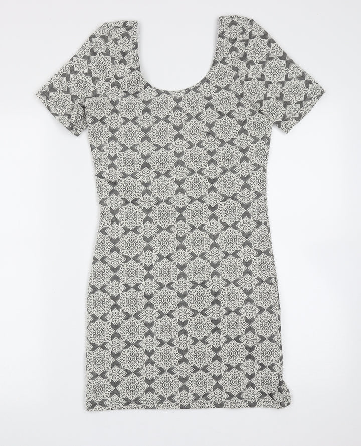 Topshop Womens Grey Floral Cotton Mini  Size 10  Round Neck