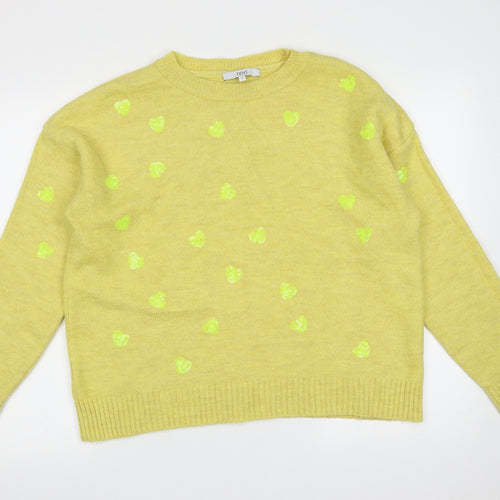 NEXT Womens Yellow Round Neck  Acrylic Pullover Jumper Size M   - heart pattern