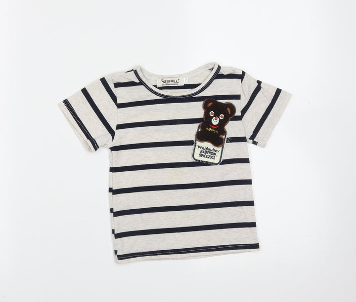 Preworn Boys Beige Striped Cotton Basic T-Shirt Size 5 Years Round Neck  - bear