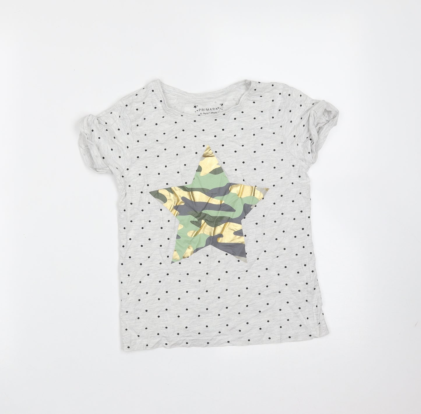 Primark Girls Grey Spotted Cotton Basic T-Shirt Size 8-9 Years Round Neck  - star