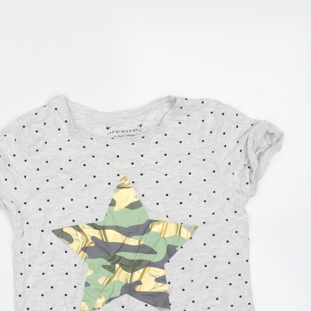 Primark Girls Grey Spotted Cotton Basic T-Shirt Size 8-9 Years Round Neck  - star