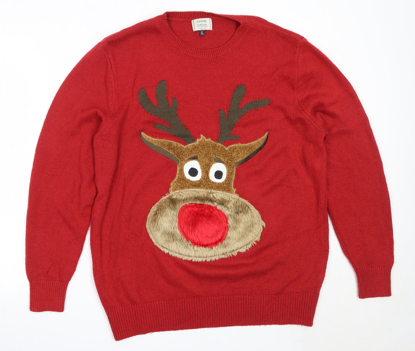 George Mens Red Round Neck  Acrylic Pullover Jumper Size L   - Christmas Rudolph
