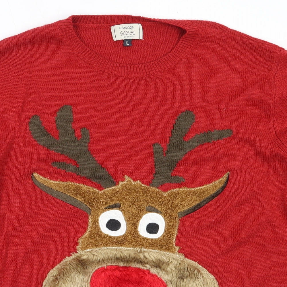 George Mens Red Round Neck  Acrylic Pullover Jumper Size L   - Christmas Rudolph