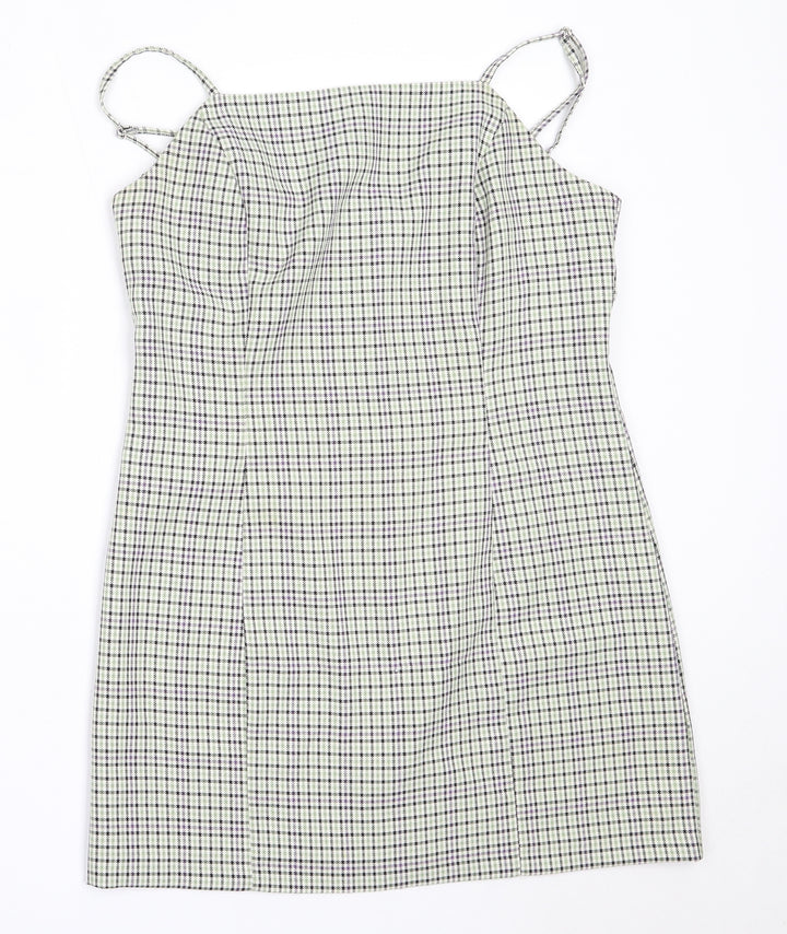 Miss Selfridge Womens Green Check Polyester Mini Size 10 Square Neck