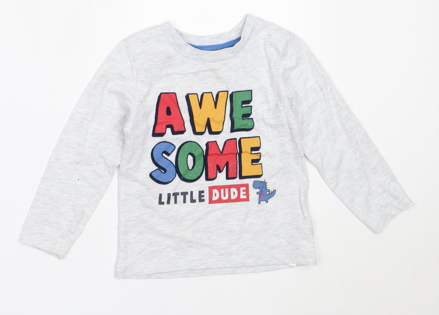 Primark Boys Grey  Cotton Basic T-Shirt Size 2-3 Years Round Neck