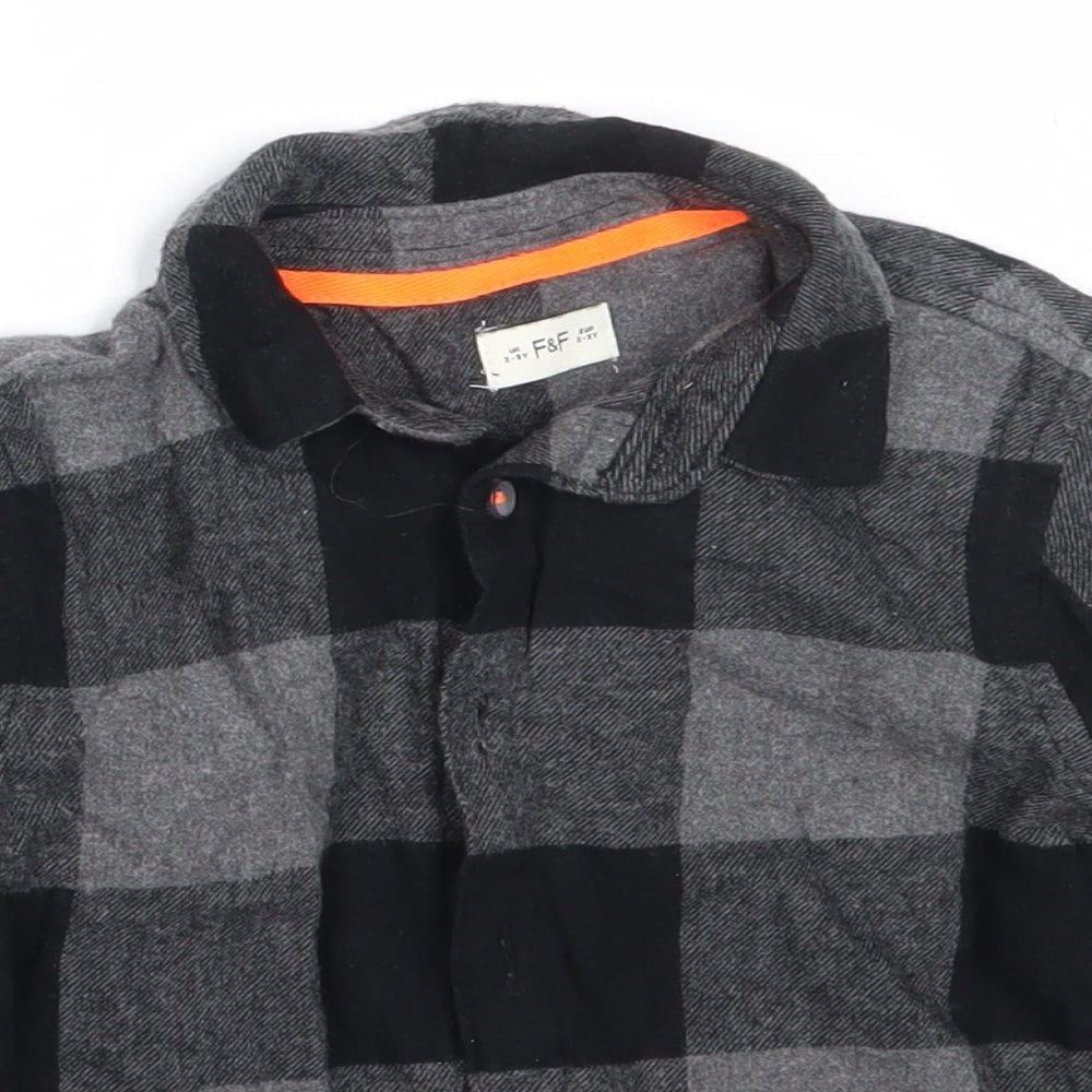 F&F Boys Grey Check Cotton Basic Button-Up Size 2-3 Years Collared