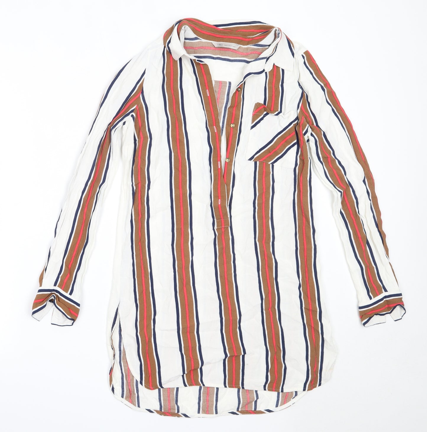 Marks and Spencer Womens White Striped Viscose Basic Blouse Size 8 Collared