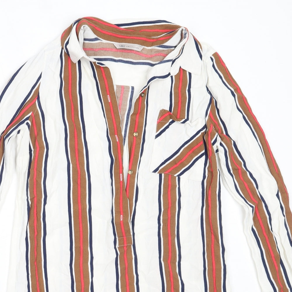 Marks and Spencer Womens White Striped Viscose Basic Blouse Size 8 Collared