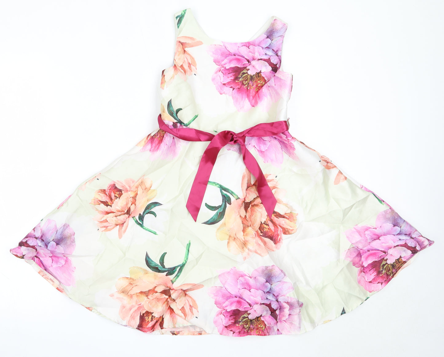 Monsoon Girls Ivory Floral Polyester Fit & Flare  Size 8 Years  Round Neck