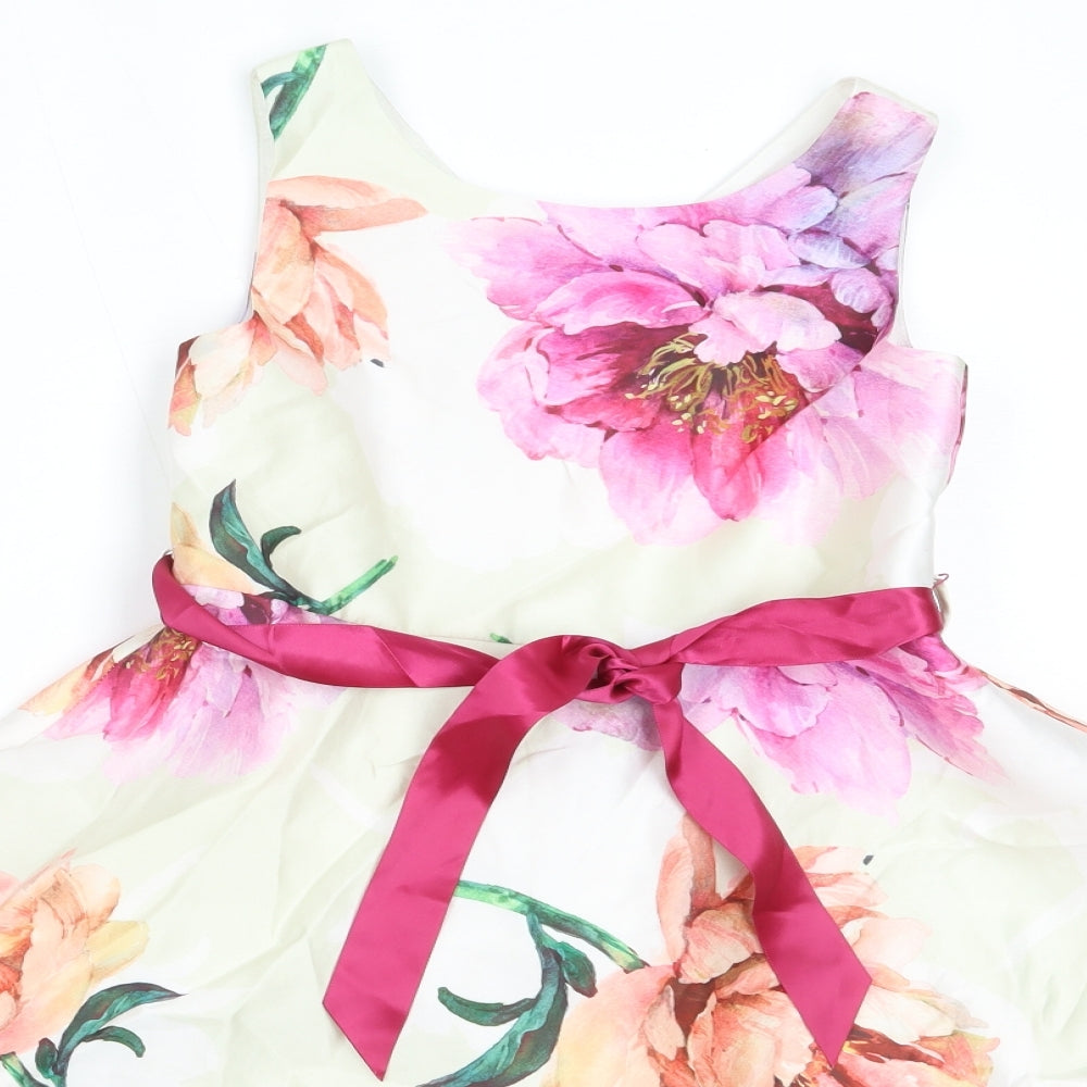 Monsoon Girls Ivory Floral Polyester Fit & Flare  Size 8 Years  Round Neck