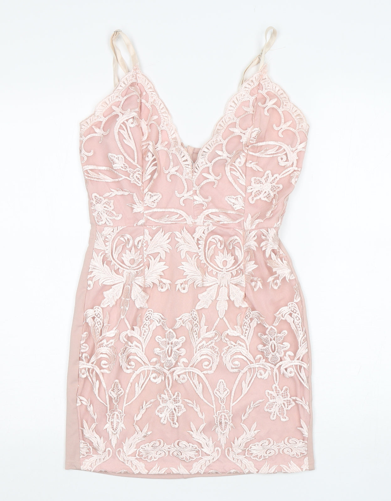 PRETTYLITTLETHING Womens Pink Floral Polyester Mini  Size 8  V-Neck