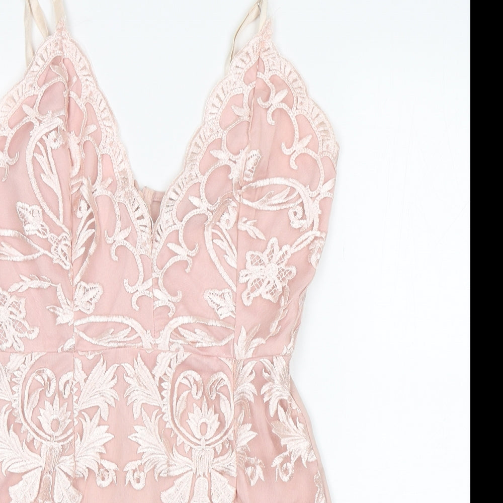 PRETTYLITTLETHING Womens Pink Floral Polyester Mini  Size 8  V-Neck