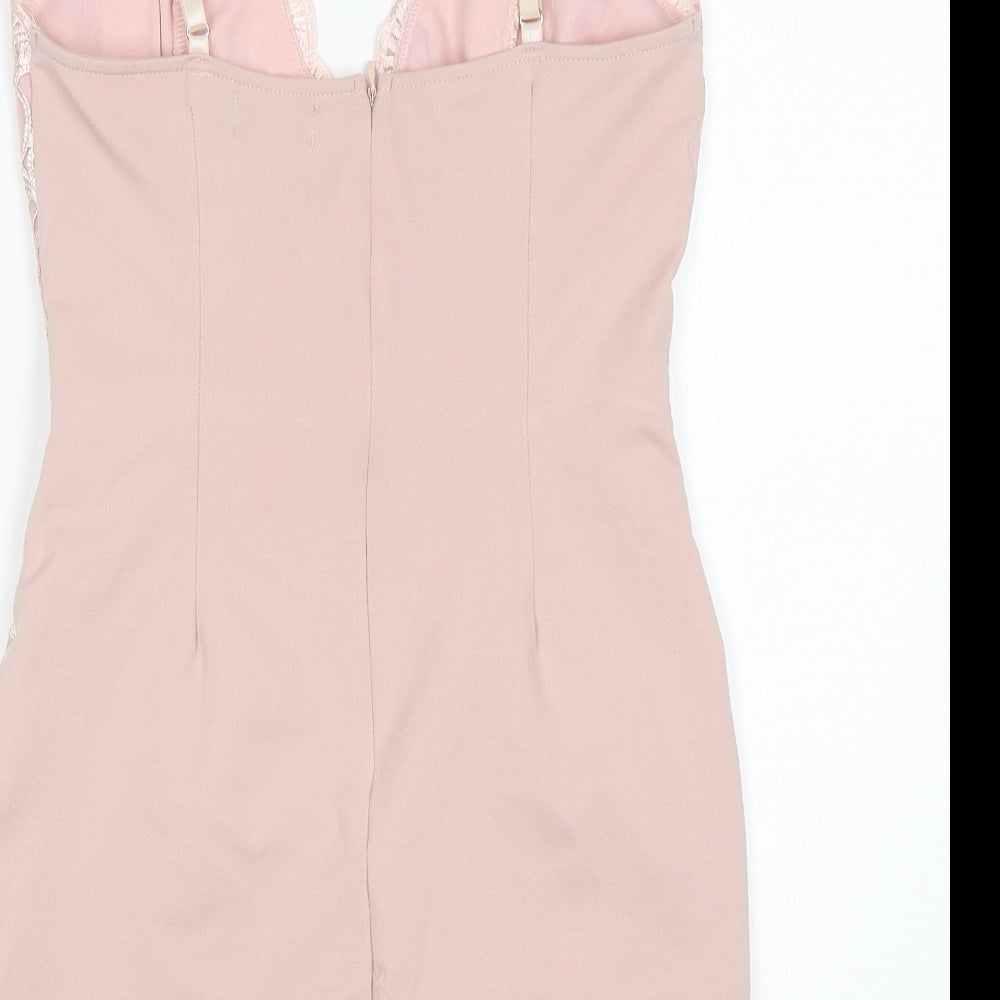 PRETTYLITTLETHING Womens Pink Floral Polyester Mini  Size 8  V-Neck