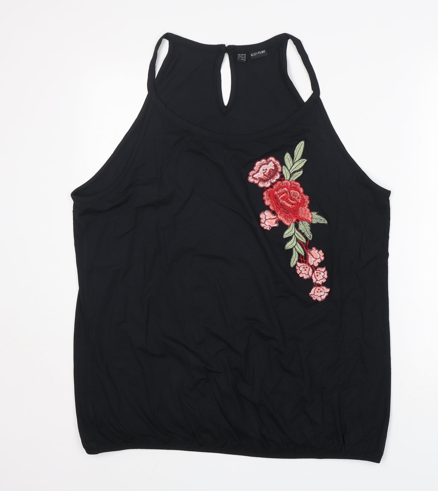 Body Flirt Womens Black Floral Viscose Basic Tank Size XL Round Neck