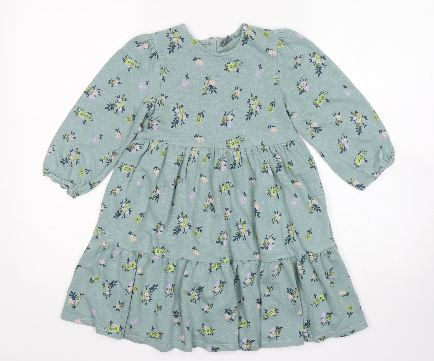 NEXT Girls Green Floral Cotton Jumper Dress  Size 4-5 Years  Round Neck