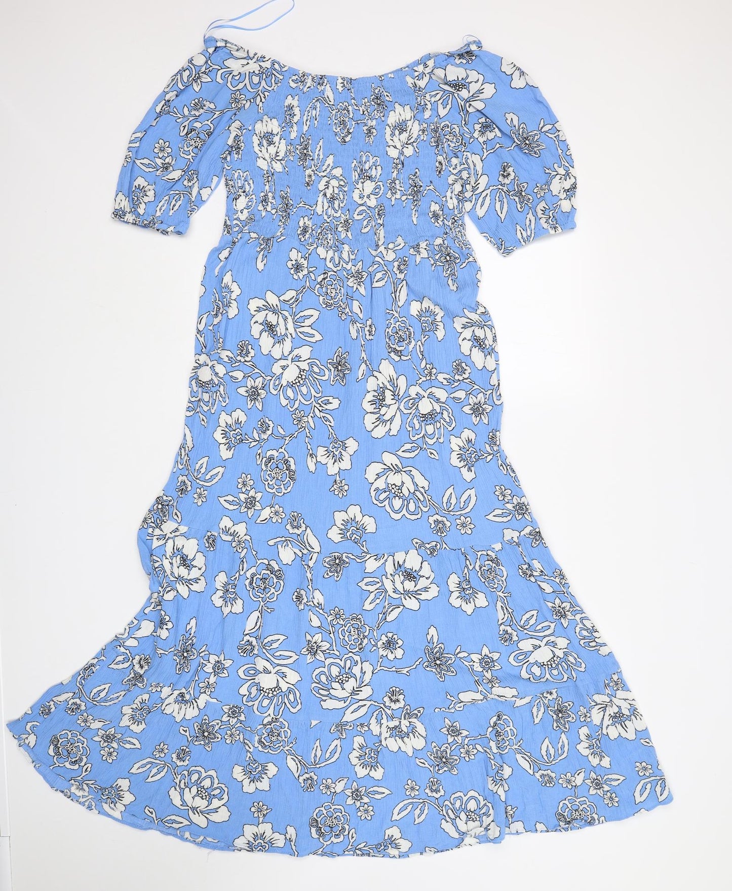 Roman Womens Blue Floral Viscose A-Line  Size 14  Round Neck