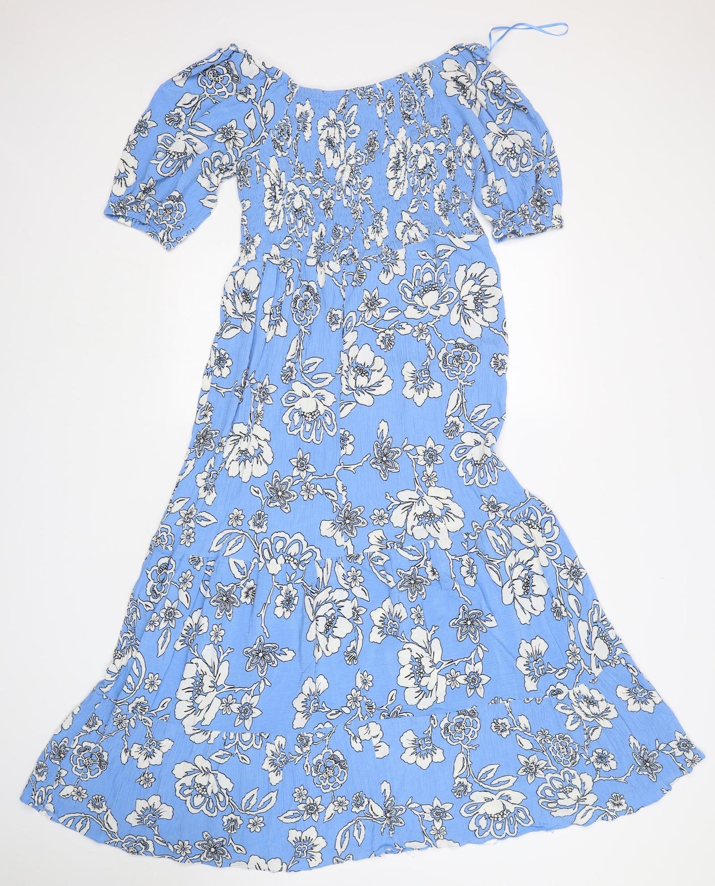 Roman Womens Blue Floral Viscose A-Line  Size 14  Round Neck