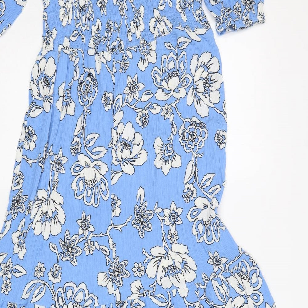 Roman Womens Blue Floral Viscose A-Line  Size 14  Round Neck